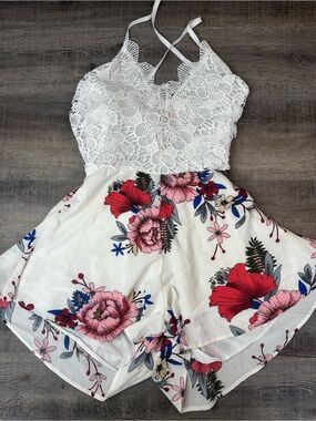 SHEIN White Lace Bodice Floral Romper with Red & Pink Blooms